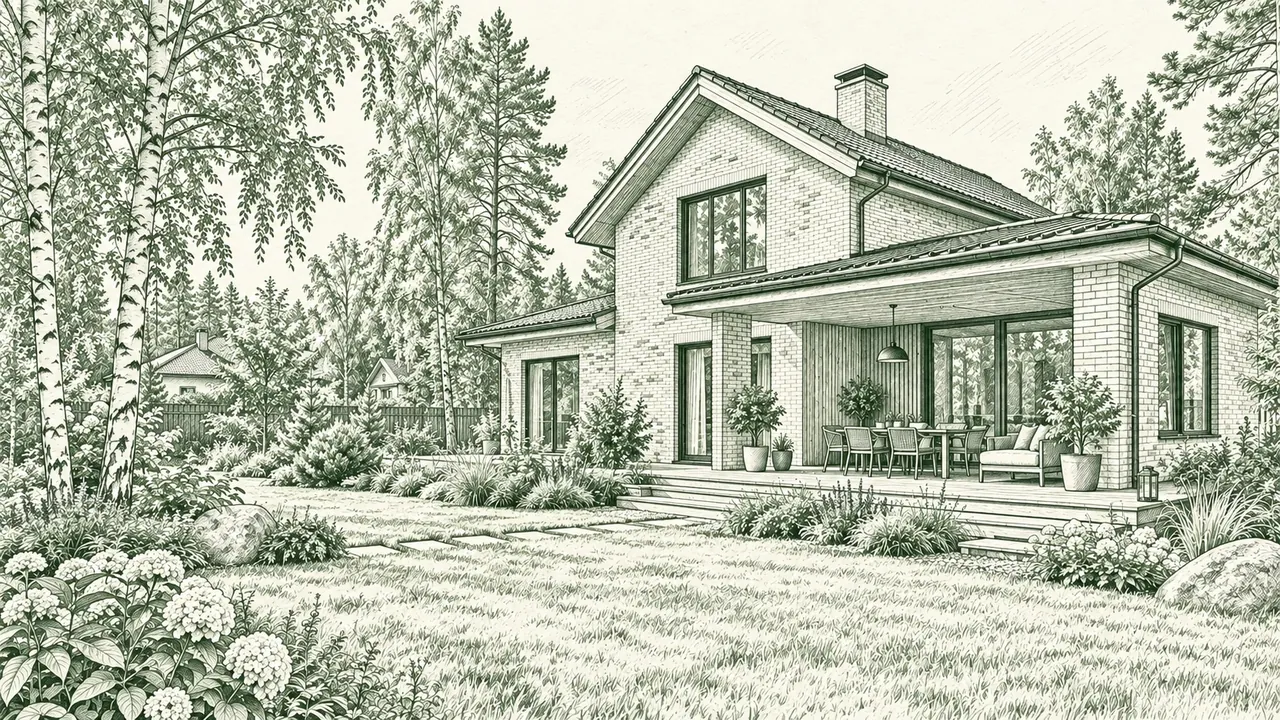 House sketch: pale brick, a pitched roof and a timber terrace