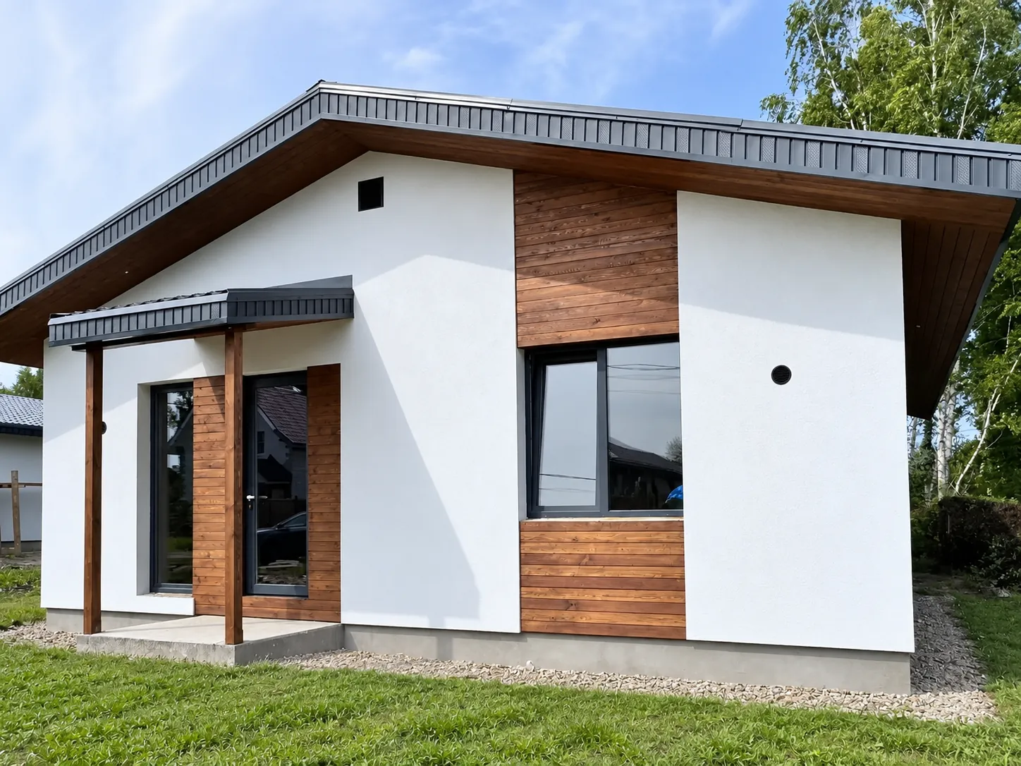 Entrance to a single-story white home with timber accents