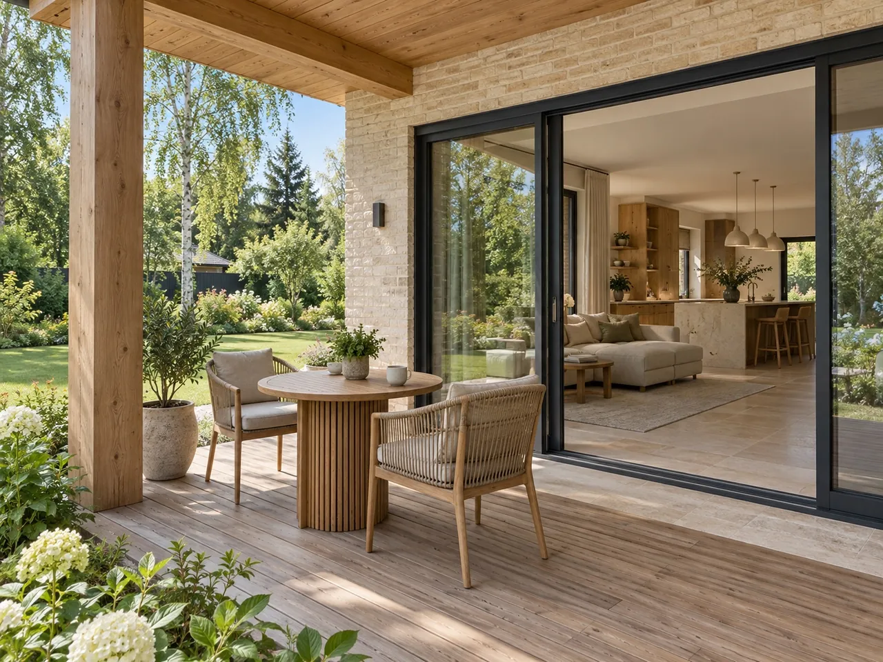 Architectural rendering: a timber terrace connects to the kitchen and living room